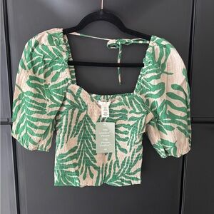 H&M Green and Cream Leaf Print Blouse